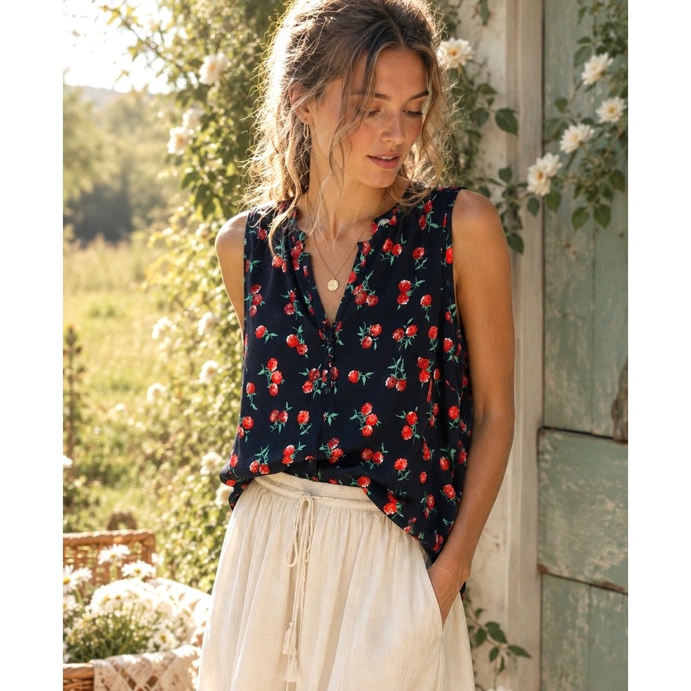 Talbots Navy‎ Floral Sleeveless Grandmillineal Cottagecore gardenparty tank